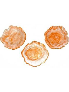 Set of 3 Art Deco Style Orange Swirl Glass Bowls Scalloped Rim Translucent